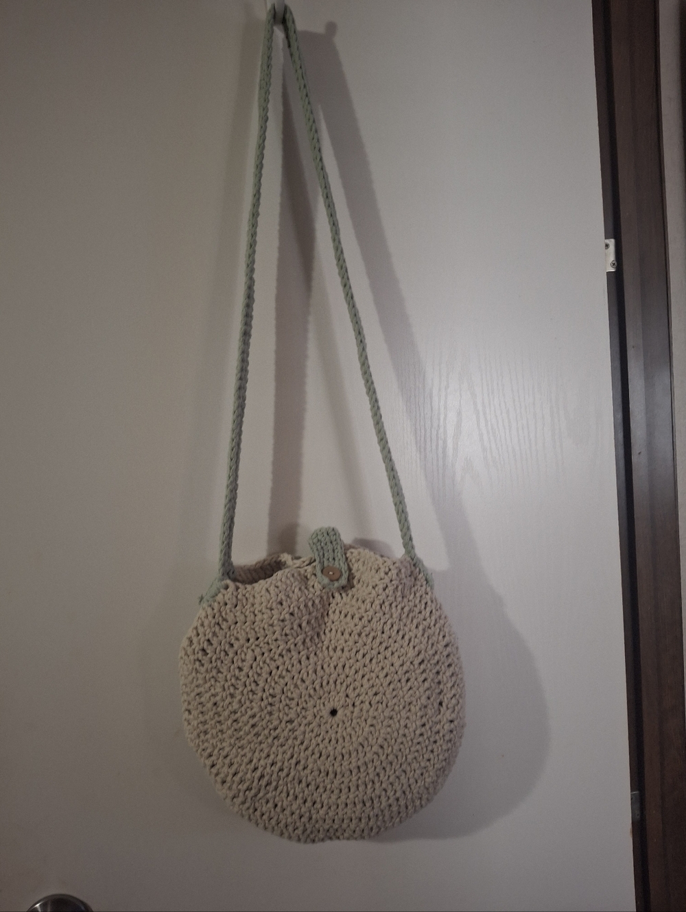 Handwoven Cream Round Shoulder Bag with Mint Strap